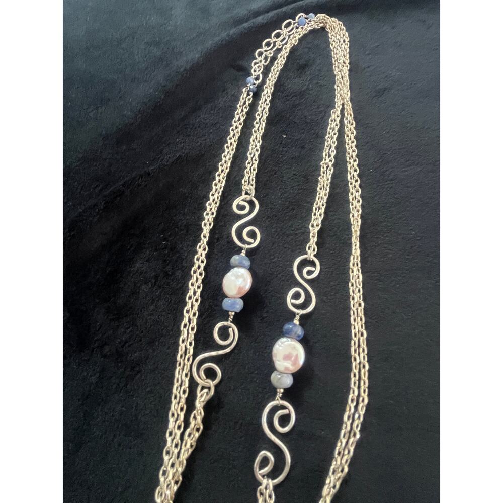 Vintage Sterling Silver Coin Pearls & Blue gemstones chain necklace